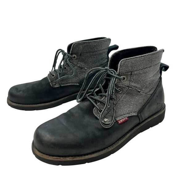 Levi’s Men’s Lace Up Boots Black Leather Gray Textile Size 8.5 - Picture 1 of 11